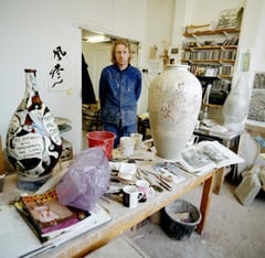 Ceramic artist Grayson Perry in his studio, photographed by Eamonn McCabe