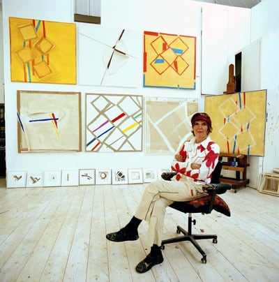 Painter Sandra Blow in her studio, photographed by Eamonn McCabe