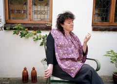 Portrait of poet Carol Ann Duffy outdoors in Aldeburgh, Suffolk, by Eamonn McCabe, 2017