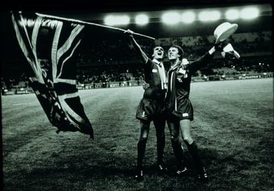 Phil Thompson and Phil Neal celebrate Liverpool's 1981 European Cup win, photographed by Eamonn McCabe