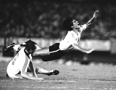 Diego Maradona playing for Argentina, photographed by Eamonn McCabe